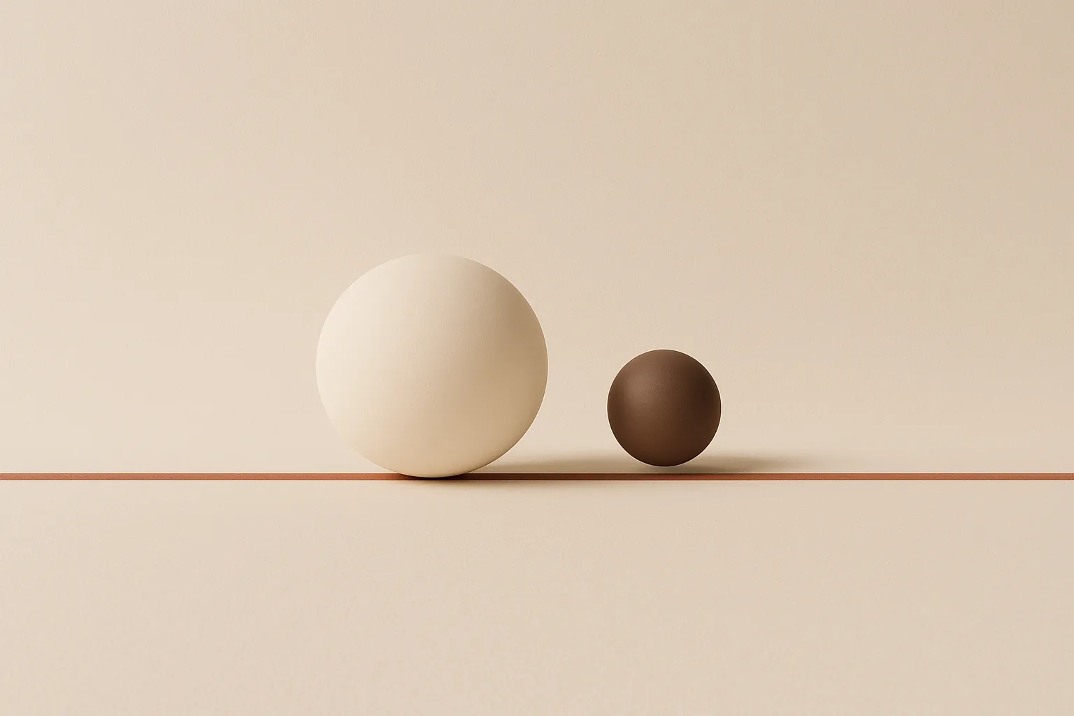 Composición minimalista: una esfera blanca y una esfera negra sobre una línea azul cobalto